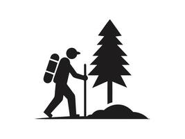 Silhouette of a hiker trekking with a backpack and walking stick next to a pine tree. vector