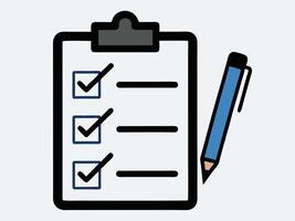 Checklist with three tasks completed on a clipboard alongside a blue pen ready to use. vector