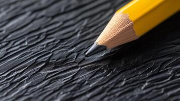 A pencil is resting on a black surface photo