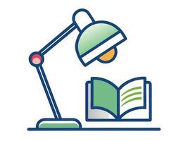 Illustrated reading lamp shining light on an open book against a white background vector