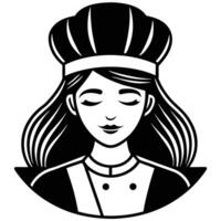 Elegant black and white illustration of a female chef with closed eyes and a confident smile. vector