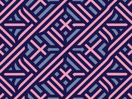 Intricate geometric abstract seamless pattern featuring pink and blue intersecting shapes over dark navy background. vector
