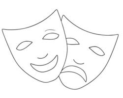 Outline of comedy and tragedy theater masks representing happiness and sadness in minimalist design. vector