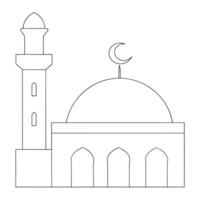 Minimalist outline illustration of a mosque featuring a crescent moon and minaret tower vector