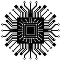 Black and white silhouette illustration depicting a modern central processing unit and integrated circuit design vector