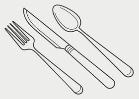 Elegant line art illustration depicting dining utensils fork knife and spoon arranged on a light background vector
