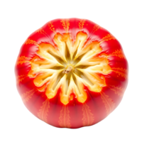 Red and Yellow Fruit Sliced Open, Revealing Intricate Interior Design, Isolated on Transparent Background. A Vibrant Summer Fruit with a Unique Pattern, Perfect for Graphic Resources. png