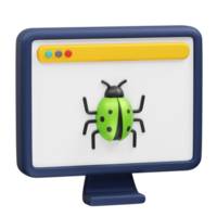 Bug on computer monitor, software error, debugging icon illustration 3d png