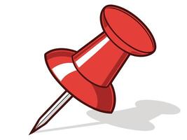Red push pin illustration in cartoon style with shadow and white background for office or school use vector