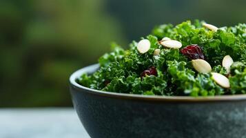 A bowl of kale salad with almonds and cranberries photo
