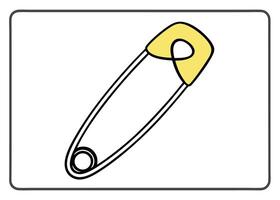 Simple cartoon illustration of a yellow safety pin isolated on a white background with a border vector