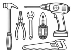 Black and white illustration of various handyman tools for construction and home improvement purposes vector