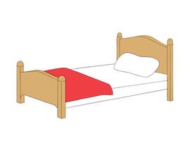 Simple illustration of a wooden bed with a red blanket and a white pillow on a white background. vector