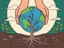 Earth protected by hands growing from a tree representing environmental protection and earth day vector
