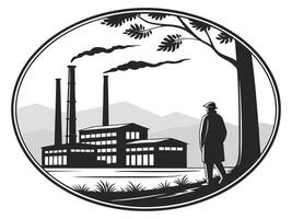 Silhouette of a man contemplating industrialization and nature in a circular frame vector
