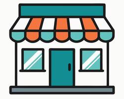 Colorful flat illustration of a small shop building with awning and windows in style vector