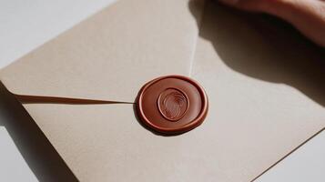 A person holding a wax seal on top of an envelope photo