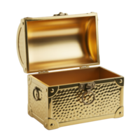 Elegant Open Golden Treasure Chest With Intricate Patterns And Reflective Surface on Transparent Background png