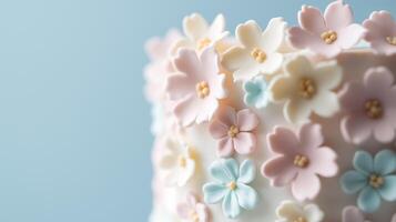 A close up of a cake with white and pink flowers photo