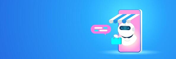 Online Shopping Assistant chatbot emerges from mobile phone with a shopping bag, representing AI-based e-commerce support and virtual customer service on digital platforms. vector