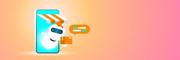 Online Shopping Assistant robot delivers a package from a smartphone screen, illustrating AI-powered customer support and delivery services in mobile e-commerce platforms. vector