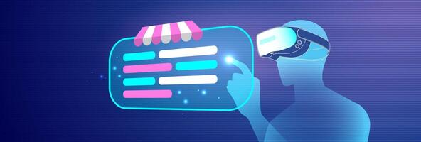 VR Technology enables virtual shopping experience. Silhouette in VR headset touches glowing interface simulating online store. vector