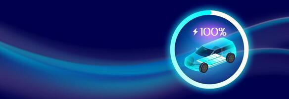 EV SUV Charging illustration showing an electric vehicle with a visible battery and 100 charge, surrounded by a glowing progress circle on a futuristic dark background. vector