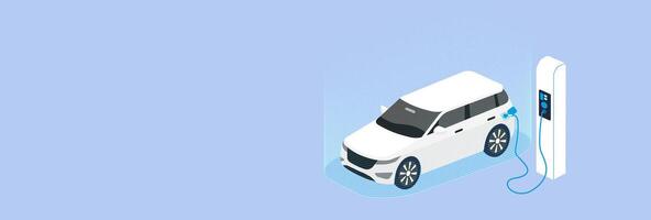 EV Technology concept with a white electric SUV charging at a station, set on a clean blue background, symbolizing clean energy, smart transport, and innovation. vector