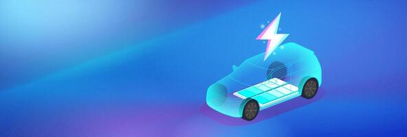 EV Technology concept with a transparent electric car showing battery pack structure and power symbol, highlighting innovation in clean energy and automotive design. vector