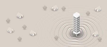 Earthquake concept showing concentric shockwaves spreading from a tall building to surrounding houses in a cityscape with trees, symbolizing seismic activity. vector