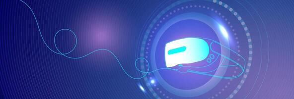 VR Technology concept showing modern VR headset on vibrant background with glowing circular elements, symbolizing innovation in digital experience. vector