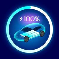 EV Charging illustration showing an electric vehicle with a visible battery and 100 charge, surrounded by a glowing progress circle on a futuristic dark background. vector