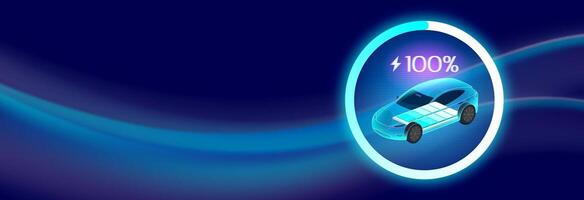EV Charging illustration showing an electric vehicle with a visible battery and 100 charge, surrounded by a glowing progress circle on a futuristic dark background vector