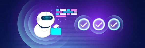 AI Assistant robot holding a shopping bag with glowing checkmarks and code elements on a futuristic purple background, symbolizing smart shopping automation. vector