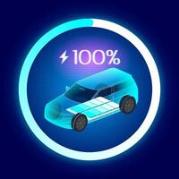 EV SUV Charging illustration showing an electric vehicle with a visible battery and 100 charge, surrounded by a glowing progress circle on a futuristic dark background vector
