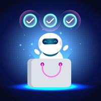 AI Assistant designed as a cute robot popping out of a shopping bag, with neon checkmarks, coding graphics, and shopping elements, representing efficient e-commerce solutions. vector