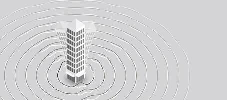 Earthquake concept with abstract shockwave lines around a central skyscraper. Modern isometric design for seismic event or natural disaster theme. vector