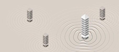 Earthquake concept with isometric skyscrapers and ripple shockwaves, representing seismic energy spreading through a modern city environment. vector