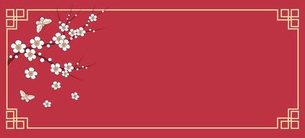 Traditional Chinese Frame with Plum blossom and Butterfly on red background. Happy Lunar New Year banner. vector
