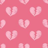 Seamless pattern with broken hearts sketch on pink background. vector