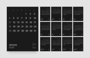 Monthly calendar layout for 2026 year. Vertical diary planner for 2026 year in dark color. Week Starts on Sunday. vector