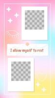 Soft pastel vertical template with Polaroid photo frames and affirmation I allow myself to rest. Gradient background and dreamy symbols. Stock illustration in flat style. vector