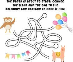 Children s maze puzzle with owl and llama connecting to balloons and garland. Bright fun theme with party decorations and animals. Stock illustration in flat cartoon style. vector