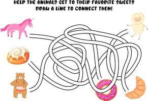Funny maze game with a unicorn, bear and sheep looking for their favorite desserts. Bright cartoon style with cinnamon roll, donut, croissant. Stock illustration in flat cartoon style. vector