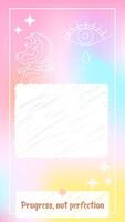 Vertical pastel template with hand holding moon, crying eye icon and Progress not perfection text. Motivational message with calm colors. Stock illustration in flat style. vector