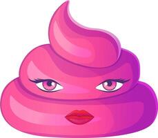 Funny poop emoji in shiny pink color with feminine eyes and lips, styled like a glamorous character. Isolated on white. Stock illustration in cartoon style. vector