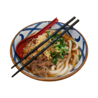 A bowl of Japanese udon noodle soup with beef, green onions, and crispy tempura bits, served with chopsticks and a red spoon, isolated on a transparent background. png