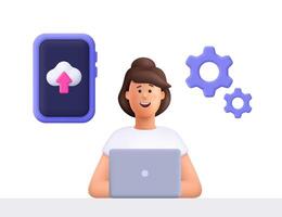 Young smiling woman Jane cloud uploading and transferring data from computer to cloud computing. Digital technology, data information concept. 3d people character. Cartoon minimal style. vector