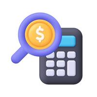 Calculator with magnifying glass loupe and coin with dollar sign. Financial search and management, revenue calculation, accounting. 3d icon. Cartoon minimal style. vector
