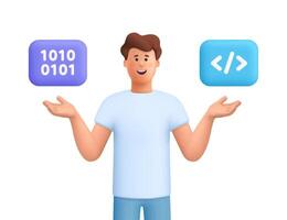 Young smiling man James pointing to programming code and binary code symbol. Web development, programming language and coding concept. 3d people character. Cartoon minimal style. vector